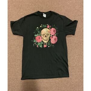 Vintage Skulls And Roses Black Graphic Colorful Cotton T-shirt Men’s M